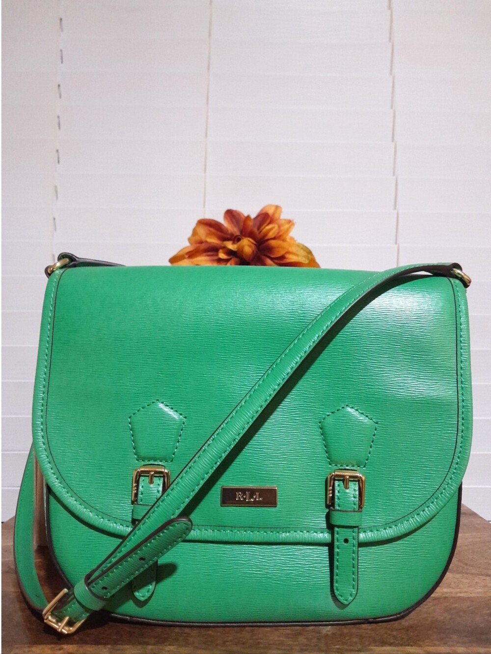 Lauren Ralph Lauren Tate Messenger Saddle Bag Green Textured Leather Crossbody
